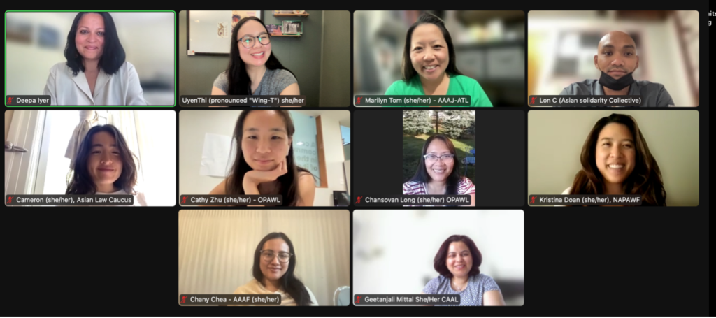 A screenshot of a Zoom meeting in gallery view, showing 10 participants at the virtual Solidarity Series with the Asian American Leaders Table